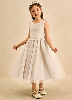 Azazie Macaron Robe Demoiselle D'honneur Fillette Robe Trapèze en Tulle Plissée Albâtre Blanc image4