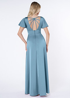 Azazie Lani Bridesmaid Dresses Steel Blue A-Line Flounce Sleeve Stretch Satin Dress image2