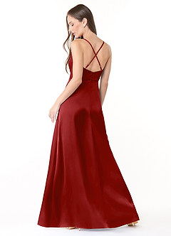 Azazie Naomie Bridesmaid Dresses Pomegranate A-Line Cowl Neckline Side Slit Stretch Satin Dress image2