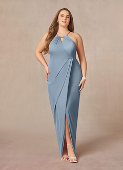 Azazie Hadid At-home Try On Dresses Dusty Blue Sheath Pleated Mesh Dress image7