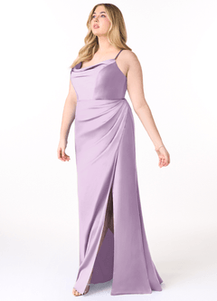 Azazie Marzia Bridesmaid Dresses Frosted Lilac Sheath Cowl Pleated Stretch Satin Dress image9