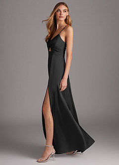 Azazie Jenna Bridesmaid Dresses Black A-Line Pleated Stretch Satin Dress image3