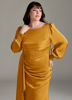 Azazie Raye Robes de demoiselle d'honneur Robe Sirène en Satin extensible Manche longue Caramel écossais image11