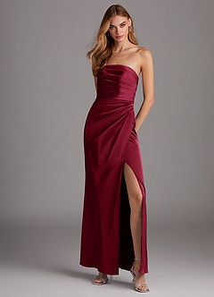Azazie Lexie Bridesmaid Dresses Burgundy Sheath Strapless Stretch Satin Convertible Dress image1