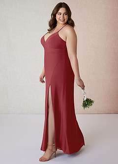 Azazie Becca Bridesmaid Dresses Pomegranate Sheath V-Neck Chiffon Dress image9