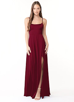 Azazie Halsey Bridesmaid Dresses Burgundy Sheath Side Slit Stretch Satin Dress image1
