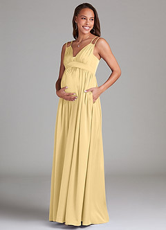Azazie Emree Robes de demoiselle d'honneur de maternité Robe Trapèze avec poches Longueur ras du sol Satin extensible image3