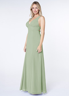 Azazie Christiana At-home Try On Dresses Dusty Blue A-Line V-Neck Pleated Chiffon Dress image4