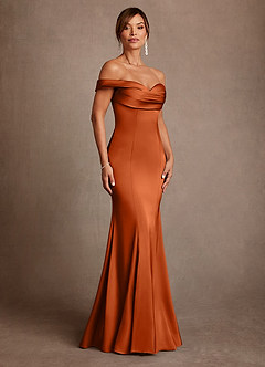 Azazie Boone Mère de la mariée Robes Robe Sirène en Satin extensible Épaule décolletée Orange Brûlée image1