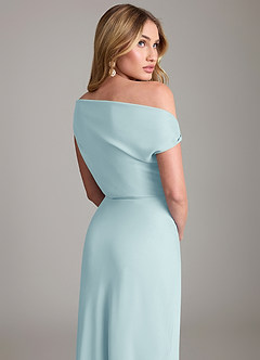 Azazie Emerson Bridesmaid Dresses Sea Glass Sheath Off the Shoulder Chiffon Dress image3