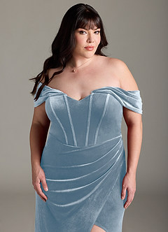 Azazie Jas Bridesmaid Dresses Dusty Blue Sheath Off-The-Shoulder Corset Velvet Convertible Dress image14
