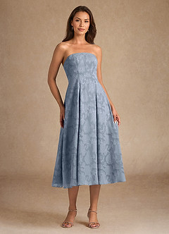 Azazie Lorain vestidos de madre de la novia Vestido de Azul Polvoriento de Devorado Floral de Corte En A con Plisado image7