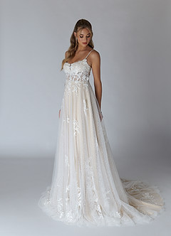Azazie Alondra Wedding Dresses A-Line Lace Tulle Chapel Train Dress image4