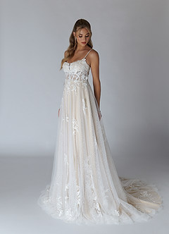 Azazie Alondra Wedding Dresses Diamond White Champagne A-Line Lace Tulle Dress image3