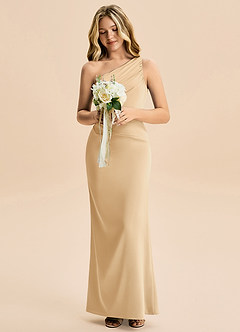 Azazie Akilah Junior Gold Sheath Pleated Stretch Satin Dress image4