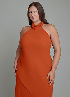 Azazie Velli Robes de demoiselle d'honneur Robe Sirène en Mousseline de soie Col haut Orange Brûlée image9