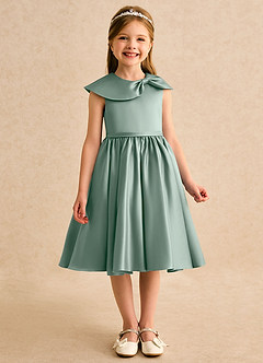 Azazie Acorn Flower Girl Dresses Silver Sage A-Line Pleated Matte Satin Dress image3