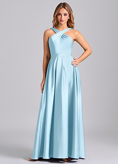 Azazie Dixie 신부 들러리 드레스 A라인 주름진 스트레치 새틴 바닥 길이 드레스 image1