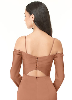 Azazie Hallie Bridesmaid Dresses Bronzer Sheath Off-The-Shoulder Long Sleeve Stretch Satin Convertible Dress image8