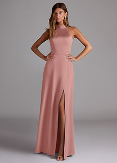 Azazie Myra Bridesmaid Dresses Rosette A-Line Side Slit Stretch Satin Dress image3