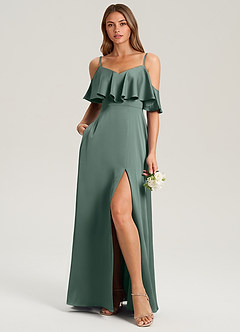 Azazie Jean Bridesmaid Dresses Sea Moss A-Line Off the Shoulder Stretch Satin Dress image3