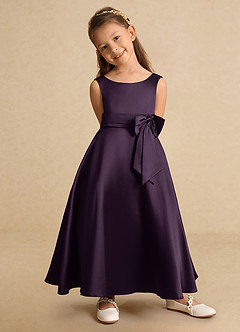 Azazie Lindy Flower Girl Dresses Plum A-Line Pleated Matte Satin Dress image9