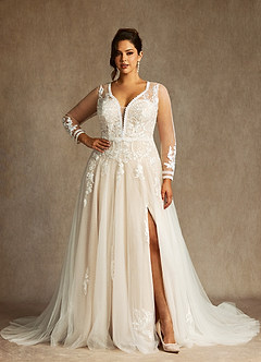 Azazie Ariya Wedding Dresses Diamond White Champagne A-Line Lace Tulle Dress image7