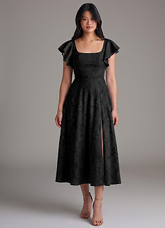 Azazie Bondi Bridesmaid Dresses Black A-Line Ruched Floral Burnout Dress image4