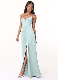 Azazie Brielle Bridesmaid Dresses Sea Glass A-Line Cowl Spaghetti Straps Stretch Satin Dress image3