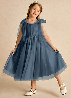 Azazie Dori Robe Demoiselle D'honneur Fillette Robe Trapèze en Tulle Rayé Neptune image4