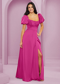 Barbie ♥ Azazie Vestidos de damas de honor Vestido de Fucsia de Satén Elástico de Corte en A con Volante image4
