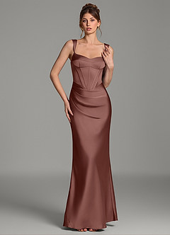 Azazie Mela At-home Try On Dresses Dusty Rose Sheath Corset Stretch Satin Dress image5