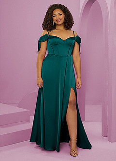Barbie ♥ Azazie Bridesmaid Dresses Peacock A-Line Off the Shoulder Stretch Satin Dress image1