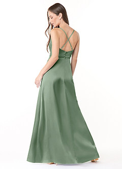 Azazie Naomie Bridesmaid Dresses Matcha A-Line Cowl Neckline Side Slit Stretch Satin Dress image2