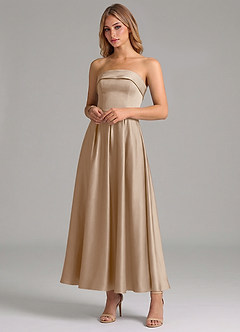 Azazie Lucienne Bridesmaid Dresses Taupe A-Line Pleated Stretch Satin Dress image4