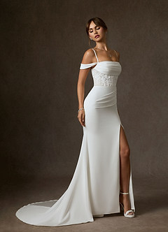 Azazie Alyce Essayer des robes à la maison Robe Sirène en Crêpe Dos Satin Épaule décolletée Blanc De Diamant image3