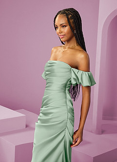 Barbie ♥ Azazie Jurken voor bruidsmeisjes Converteerbaar Jurk van Stretch Satijn met Kolom Off the Shoulder Agave image6