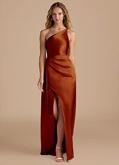 Azazie Maron Bridesmaid Dresses Auburn Sheath One Shoulder Metallic Satin Dress image3