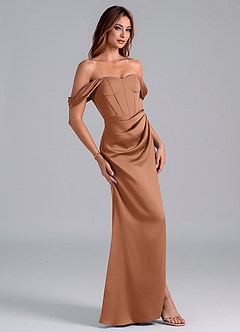 Azazie Asha Jurken voor bruidsmeisjes Converteerbaar Jurk van Stretch Satijn met Kolom Off the Shoulder Bronzeertint image3