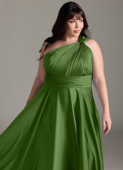 Azazie Charlize Robes de demoiselle d'honneur Robe Trapèze en Satin extensible Une épaule Basilic image15