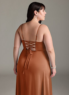 Azazie Marchella Bridesmaid Dresses Copper A-Line Corset Stretch Satin Dress image12