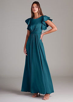 Azazie Daphne Modest Bridesmaid Dresses A-Line Ruched Stretch Satin Floor-Length Dress image4