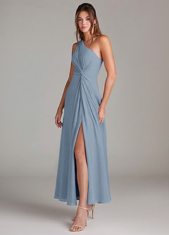 Azazie Brooke Robes de demoiselle d'honneur Robe Trapèze en Mousseline de soie Une épaule Bleu Poussiéreux image3