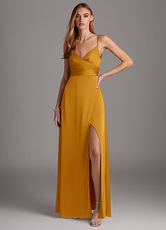 Azazie Calissa Brautjungfernkleider A-Linie V-Hals Gefaltet Stretch-Satin Kleid Butterscotch image1