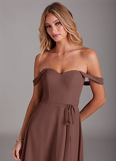Azazie Aaron Bridesmaid Dresses Espresso A-Line Off the Shoulder Chiffon Convertible Dress image7