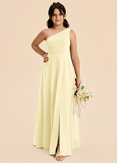 Azazie Phaedra Junior Lemon Sorbet A-Line Pleated Chiffon Dress image4