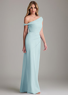 Azazie Emerson Bridesmaid Dresses Sea Glass Sheath Off the Shoulder Chiffon Dress image5