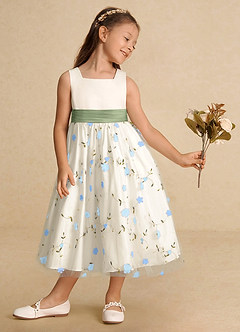 Azazie Pollie Blumenmädchenkleider A-Linie Schleifen Tüll Kleid Himmelblau Staubsalbei image5