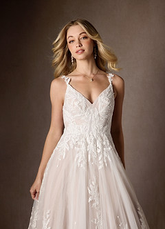 Azazie Delaina Wedding Dresses Diamond White Caramel A-Line V-Neck Sequins Tulle Dress image9