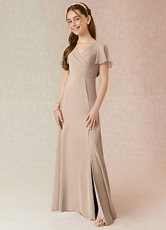 Azazie Induh Junior Taupe A-Line Ruched Chiffon Dress image1